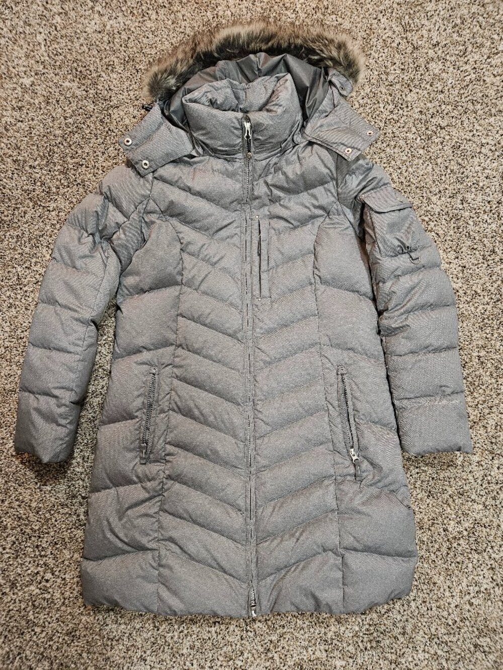 Eddie Bauer Women's Sun Valley Long Gray Hooded Down Parka Snap Hood Size Large